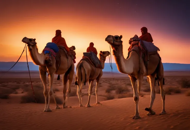 camel caravan walking hand in hand in the desert mountains at night with a view of the aurora in the sky, drone photography view, beautiful aurora landscape, aurora atmosphere, fog, very wide view, realistic photography, dramatic, dynamic composition, saha...