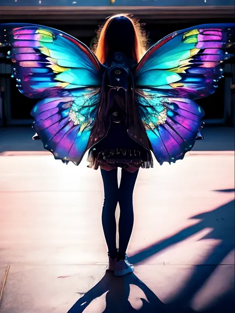 16 year old girl standing on a platform with butterfly wings on it, holograma pairando em torno dela, Angewoman Glamorous Digimon, zodiac, Angewomon, Digimon, Ela tem membranas iridescentes, techno mystic goddess, sil from species, asas mecha, Deusa ciborg...