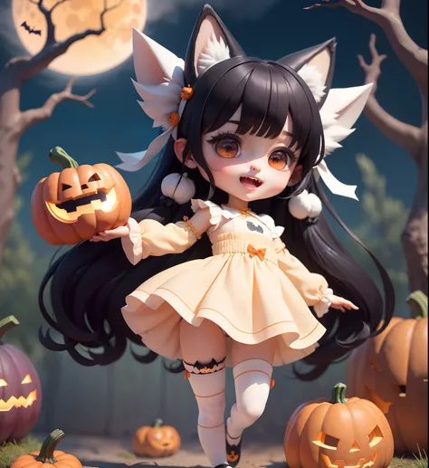 (​masterpiece)、(top-quality)、(ultra-detailliert)、(full body Esbian:1.2)、女の子1人、Chibi、cute little、A smile、open open mouth、Halloween、plein air、Holding a bucket of pumpkin with sweets、Wolf ears、Wolfs tail、Wolf gloves、Has fangs、Wolf Costume、red blush、The tree、t...