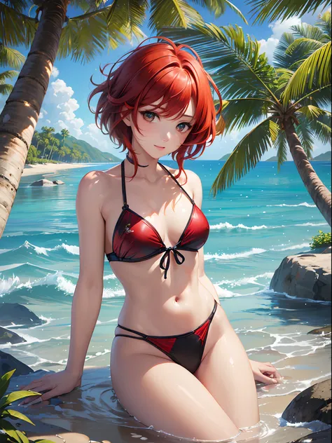 ((Finest quality)),(超A high resolution),(ultra-detailliert),(Meticulous portrayal),((Best CG)),(Finest works of art),Ultra-Precision Art,The art of astounding depiction, (1人の女性:1.5),(Red hair:1.5,short-cut:1.5),((small tits)),Very small swimsuit 1.3, reefs...