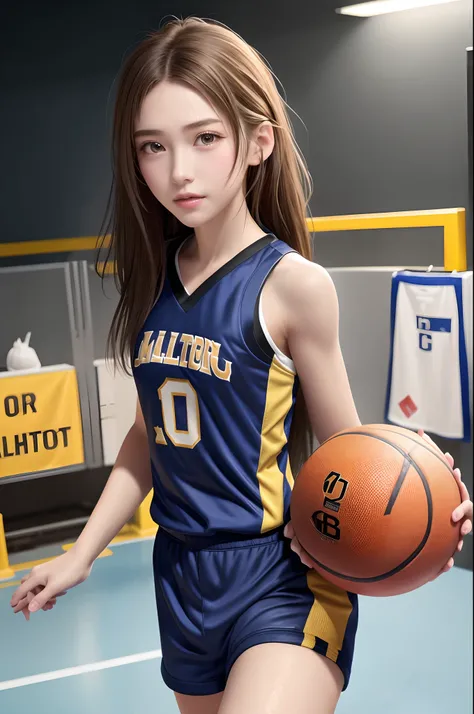 (Best Quality,8K,hight resolution,masuter piece:1.2),Ultra-detailed,Realistic:1.37,Portrait,Dynamic Angle,(Female basketball players) ,Teenage girl,small head,Cute,Sporty,Charming face,Detailed beauty face,Very realistic skin,Wet skin,Sweat,Large breasts,n...