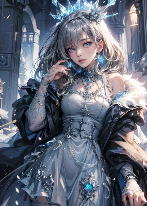 fine illustration,ultra detailed,highres,from below,cool beauty,gramer woman, cute pose,gothic_ice dress,silver_glistening long ...