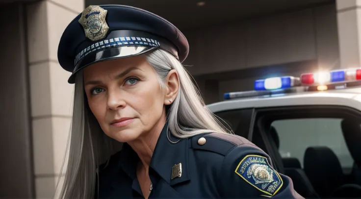 portrait of a 70-year-old woman with long gray hair, seductive gaze, green eyes, some wrinkles on her face,  8k, detailed background, utlra realistic, realism, exta realistic, wrinkles on body, police department background , police office background, polic...