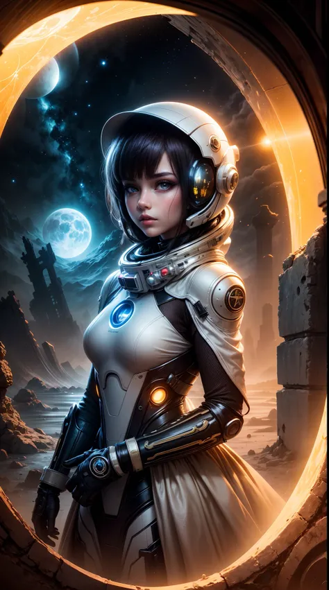 An otherworldly landscape bathed in the soft, ethereal light of multiple moons, where a closeup beautyful girl in a futuristic spacesuit gazes up in wonder, surrounded by floating islands and ancient, mysterious ruins.