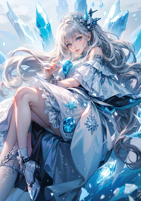 fine illustration,ultra detailed,highres,from below,cool beauty,gramer woman, cute pose,gothic_ice dress,silver_glistening long ...