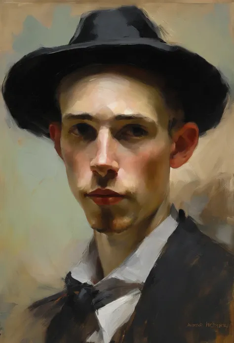 painting of a boy with a black shirt and a black hat, an oil painting by Andrea Pozzo, tumblr, figurative art, simon birch, michael carson, ryan hewett, liepke, casey baugh and james jean, an expressive oil painting, brett amory, malcolm liepke, oil on pan...