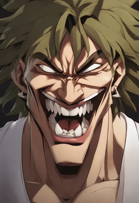 Close-up of a caricature of a man with a tooth, comme un vilain titan, Style Baki, Baba, evil grin, visage Ahegao, Ahegao, Brown-skinned man with a giant smile, Baki le grappler, Dog - Muscular Goblin Face, evil villain grin, wide evil grin, From Attack on...