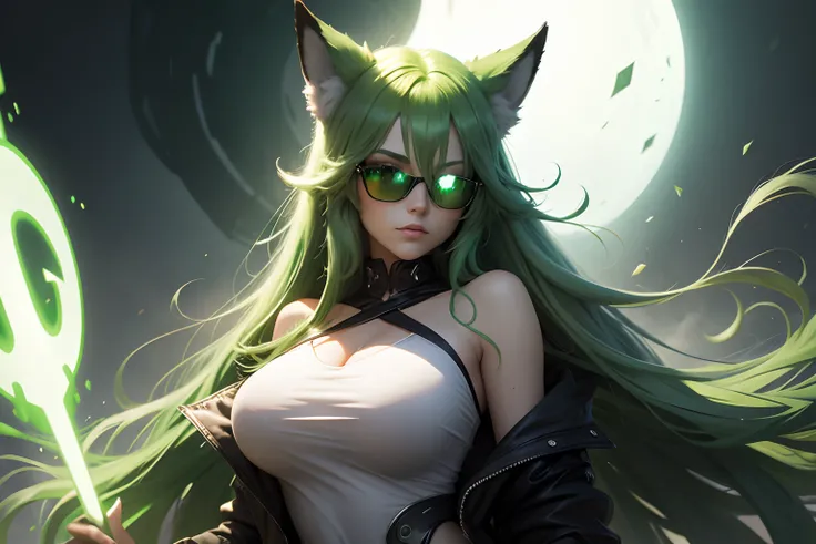 green haired fox girl with glowing green eyes, long green hair, wearing dark sunglasses looking over shoulder. Surrounded by thick white fog.