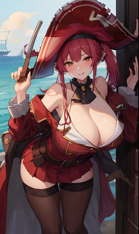 1girl, masterpiece,  best quality,  high quality, Marine, pirate, pirate hat, large breasts, mature woman,