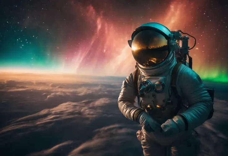 an steampunk astronaut adrift in a sea of ​​auroras, colorful aurora in the space, realistic photography, dramatic moment, dynamic composition, detailed astronaut, perfect object, highly detailed, 128k resolution, HDR, ultra hd, masterpiece photography, 50...