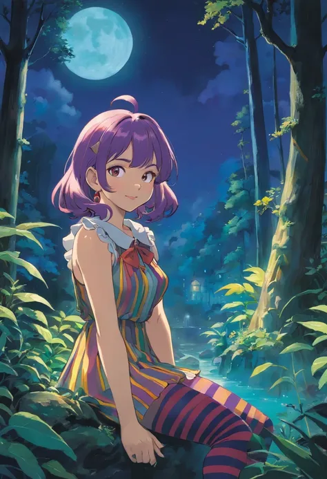 April ONeill, buxom female joker with loose long purple hair in a striped top and striped tights, fairy forest at night, sits with legs slightly spread, looking at viewer a girl wearing an anime collar, a long necklace and earrings, in the style of tranqui...