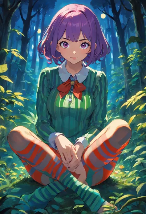 April ONeill, buxom female joker with loose long purple hair in a striped top and striped tights, fairy forest at night, sits with legs slightly spread, looking at viewer a girl wearing an anime collar, a long necklace and earrings, in the style of tranqui...