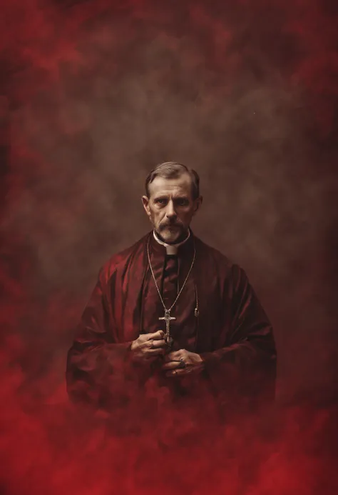 vintage photo  of an exsorcist priest in a red fog  atmosphere soft ciaro oscuro , cinematic compose, sharp focus, studio photo,...