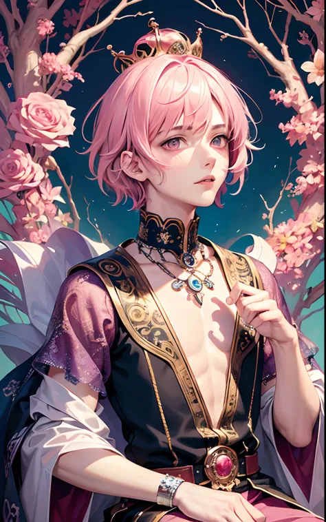 masterpiece, top quality, best quality, official art, beautiful and aesthetic:1.2), (1man),  male, teen man, young man, man of 16, extreme detailed,(fractal art:1.3),colorful,highest detailed, pink hair, short hair, pink eyes, prince, thin, sitting, holdin...