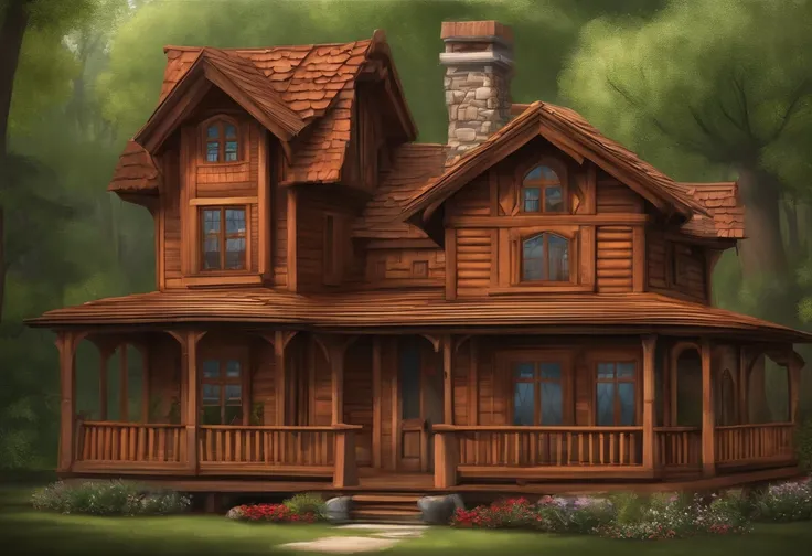 Drawing of a very funny wooden house, style 2d, style disney