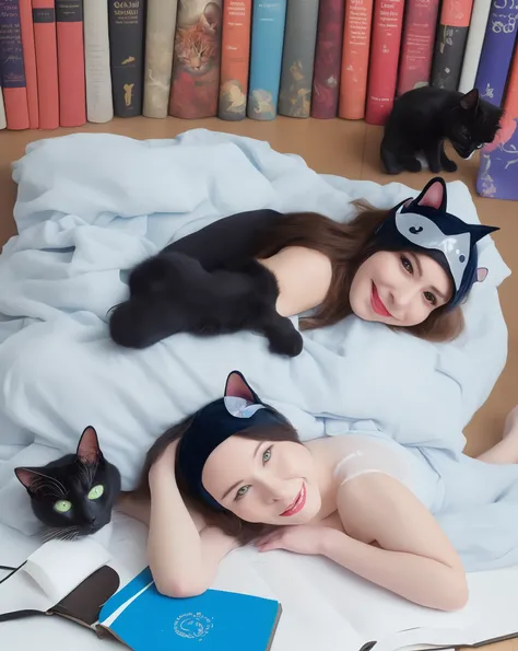 Blue hair, cat ears, witch hat, lingerie, on table in library