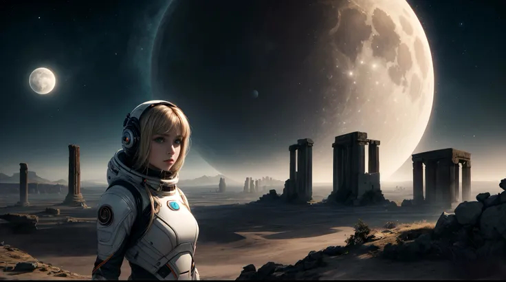 An otherworldly landscape bathed in the soft, ethereal light of multiple moons, where a closeup beautyful girl in a futuristic spacesuit gazes up in wonder, surrounded by floating islands and ancient, mysterious ruins.