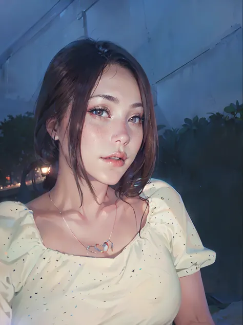 ((Realistic lighting, best qualtiy, 8k, tmasterpiece:1.3)), sharp fokus:1.2, 1girl, Beautiful Women with Perfect Figure:1.4, Slim abs:1.1, ((dark brown  hair)), (White crop top:1.4）,（exteriors，during night：1.1），Sit on the indoor bed，Ultra-fine face，Fine ey...