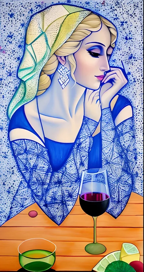 pintura de uma mulher sentada a uma mesa com um copo de vinho, she holds a glass of wine, pintura de uma mulher, inspired by Jeanne Hébuterne, inspirado em Giovanni Bellini, pensativo, Directed by: Alexander Bortnik, Directed by: George Papazov, Absorto em...