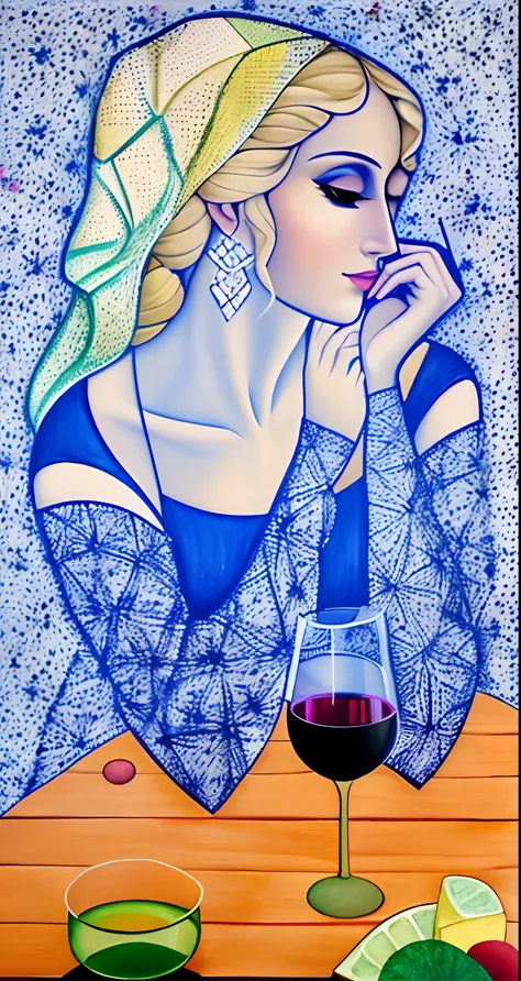 pintura de uma mulher sentada a uma mesa com um copo de vinho, she holds a glass of wine, pintura de uma mulher, inspired by Jeanne Hébuterne, inspirado em Giovanni Bellini, pensativo, Directed by: Alexander Bortnik, Directed by: George Papazov, Absorto em...