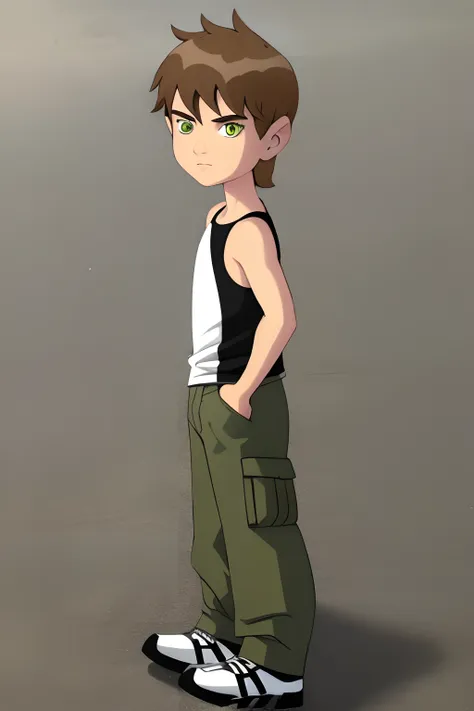 highres, masterpiece, best quality at best,best quality, 1boy, bentennyson, green eyes, cargo pants, tank top, the day, summer