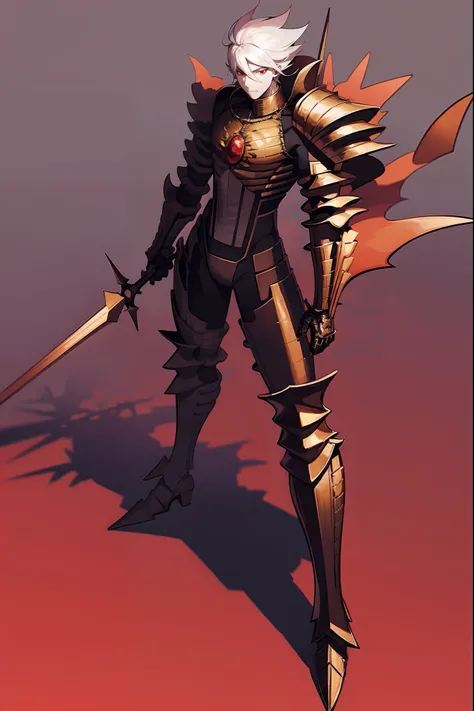 karna, armored, knight, pants, red armor, standing, full body, , sword holding