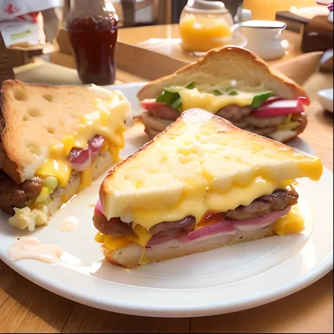 Egg toast, cheese, bacon meat burger，The background is sandy beach，Split in two and steaming，Food promotional photos