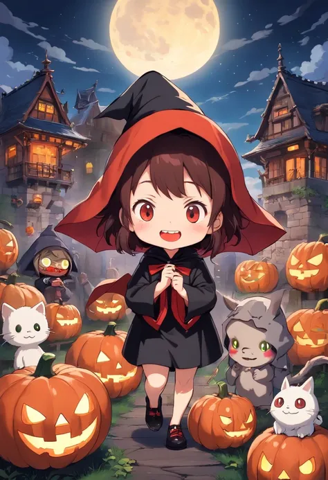 "Produce a spine-tingling Halloween-themed chibi anime artwork that juxtaposes cuteness with horror. Illustrate an adorable male chibi characters dressed as a classic horror icon (e.g., vampire, mummy, or witch) while surrounded by cute, yet spooky, elemen...