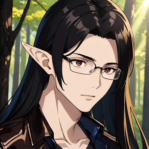 (masterpiece),best quality,1boy,  beautiful face, handsome,  sunlight, elf ears, pointy ears, (pale skin:1.2), glasses, handsome, teenager, black hair, long hair, leather clothes, forest background, face focus, portrait,