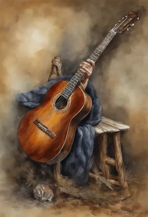 Velho tocando guitarra surrealista, Arte Digital, art-station, CGSetline por Greg Rutkowski, Directed by: Gustave Dore, Very detailed, 4k, intrincado, Pixiv, Sharp, Vibrando, cinemactic, liso, art-station, HDR, octan render,