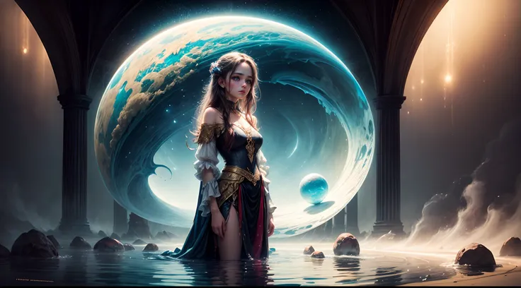 Painting: An enchanting artwork portraying a girl wearing silk, standing at the edge of a mystical pool, surrounded by swirling enchantments, with the distant planet casting an ethereal light upon her.