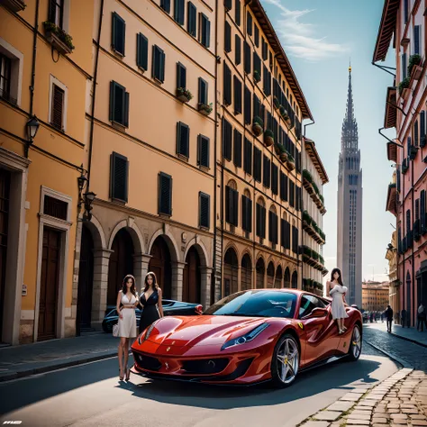 A photorealistic image of the latest Ferrari model with two women With giant breast  as testimonials and the Mole Antonelliana in Turin city, HD, hdu, 8k, 4k