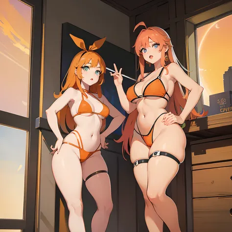 (masterpiece), best quality, expressive eyes, perfect face, Hinata Hyuga, orange bikini,  orange hair, curvy, standing up, weight on her right leg, holding a tiny man