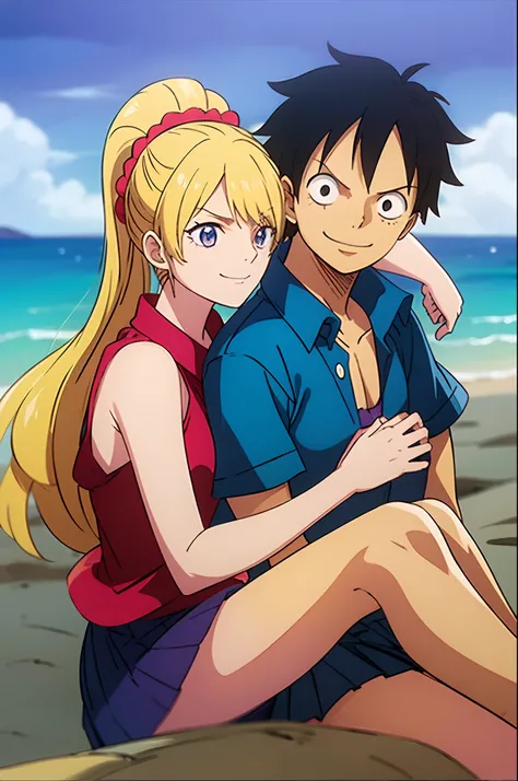 masterpiece, best quality, 1girl, alicetaria,blonde hair, long hair, ponytail, blue eyes, blue shirt, pleated skirt, solo, simple background, bikini, beach, alicetarian and luffy, husband and wife, couple happy in a beach, , purple hair,1boy, sitting in co...