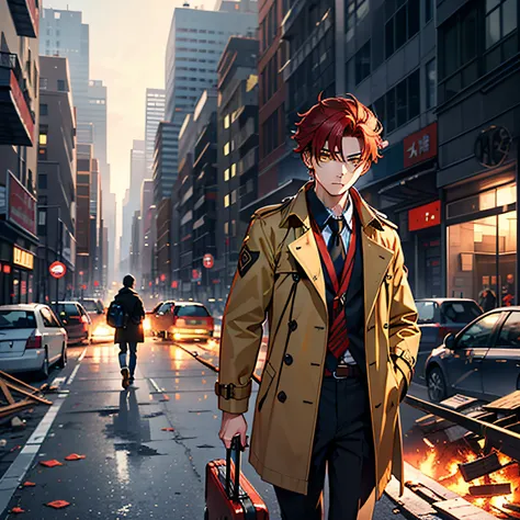 A 20-year-old boy with red hair, yellow eyes, updo, black trench coat, sadly carrying a suitcase out of the destroyed city