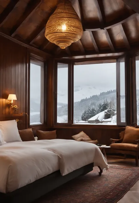 Youre about to create a scene of pure relaxation in a wooden hotel room in the dead of winter. Imagine um ambiente luxuoso e aconchegante, where the warmth of the wood blends perfectly with the cold outside. The room is lit by candles which adds a special ...