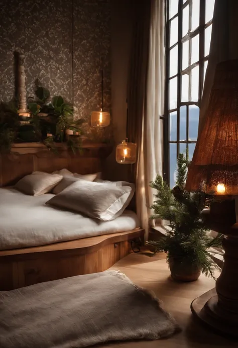 Youre about to create a scene of pure relaxation in a wooden hotel room in the dead of winter. Imagine um ambiente luxuoso e aconchegante, where the warmth of the wood blends perfectly with the cold outside. The room is lit by candles which adds a special ...