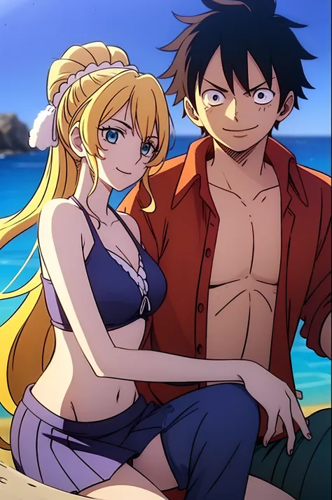 masterpiece, best quality, 1girl, alicetaria,blonde hair, long hair, ponytail, blue eyes, blue shirt, pleated skirt, solo, simple background, bikini, beach, alicetarian and luffy, husband and wife, couple happy in a beach, , purple hair,1boy, sitting in co...