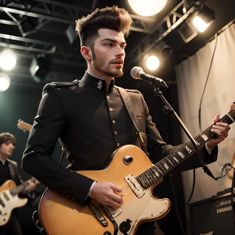 Tall slim man with a pompadour hairstyle and sideburns dressed like The Beatles playing the guitar in studio