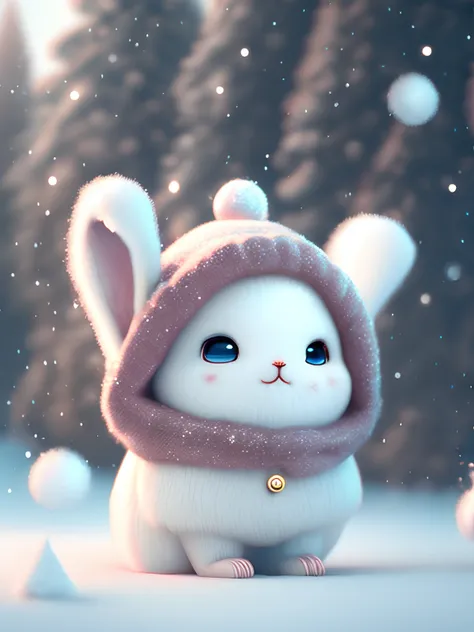 A winter in a pity，drifting snow，A super cute Pixar style white rabbit，Fluffy snow-white fur，One ear pulls，big bright eyes，Fluffy tail，Wear a brown sweater，Wearing a red hat，Smiling，Exquisite and lovely，Fairytale scene，Extremely high detail，pixar-style，bub...