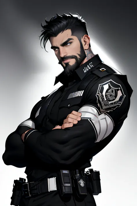 best quality, masterpiece, super high resolution, detailed background, realistic, illustration, single, 1 boy, man muscle, beard with chin with white threads, SWAT, street, muscle, facial hair, volumetric lighting, depth of field, panting for air, raised c...