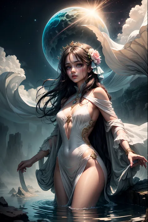 Painting: An enchanting artwork portraying a girl wearing silk, standing at the edge of a mystical pool, surrounded by swirling enchantments, with the distant planet casting an ethereal light upon her.