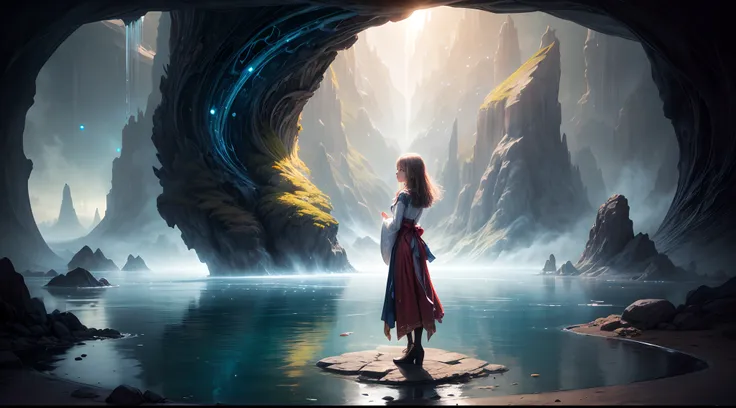 Painting: An enchanting artwork portraying a girl wearing silk, standing at the edge of a mystical pool, surrounded by swirling enchantments, with the distant planet casting an ethereal light upon her.