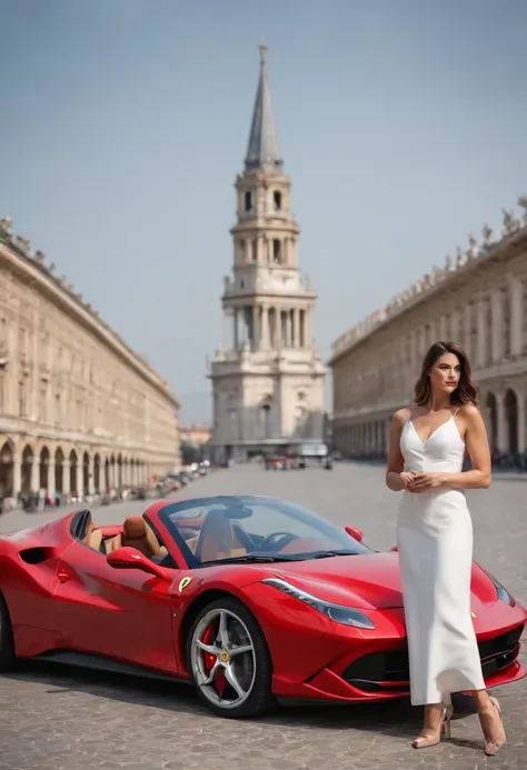 A photorealistic image of the latest Ferrari model with two women as testimonials and the Mole Antonelliana in Turin city, HD, hdu, 8k, 4k