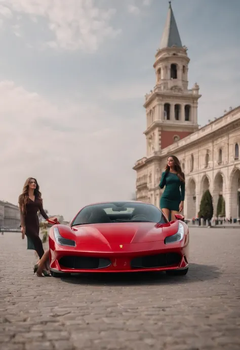 A photorealistic image of the latest Ferrari model with two women as testimonials and the Mole Antonelliana in Turin city, HD, hdu, 8k, 4k