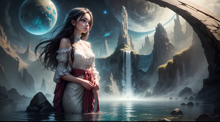 Painting: An enchanting artwork portraying a girl wearing silk, standing at the edge of a mystical pool, surrounded by swirling enchantments, with the distant planet casting an ethereal light upon her.