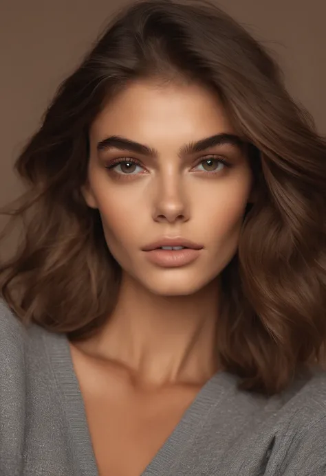 Arafed mujer, Tight sweatshirt,  Chica sexy con ojos marrones, Retrato de Kaia Gerber , brown hair and large eyes, selfie de una mujer joven, Ojos Dormitorio , sin maquillaje, Maquillaje natural, staring directly into camera, cara con artgram, maquillaje f...