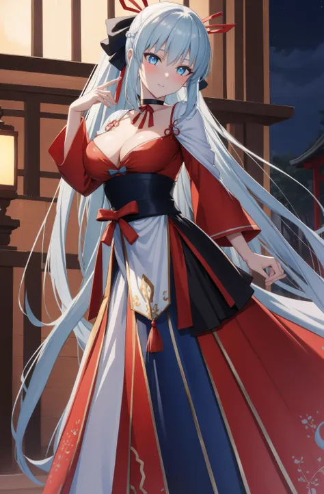 (night:1.7), east asian architecture,
standing at attention,
red ribbon, red sleeves, ribbon,
morgan le fay, black bow, bow, lig...