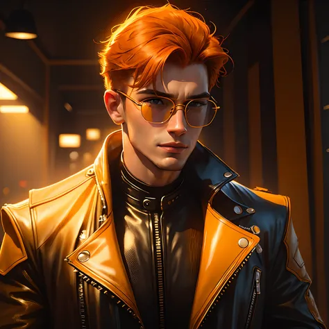 handsome young man with orange hair and golden glasses, wearing a leather motorcycle suit, hd portrait, yellow warm light background