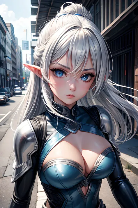 dynamic series of drawings showing a silver haired and blue eyed warrior elf girl., 8k, ultra high res, ultra detailed, hd,(well designed face), amazing face, (super detailed), beautiful eyes, soft lighting,, outdoors, streets,, URUSHISATO,1980s,, beautifu...